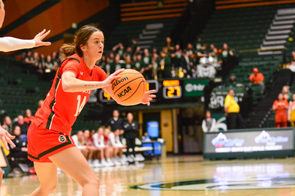 Marta Leimane passes the ball to her teammate during Colorado State University's Aggie game against Fresno State Feb. 19. CSU won 68-48.