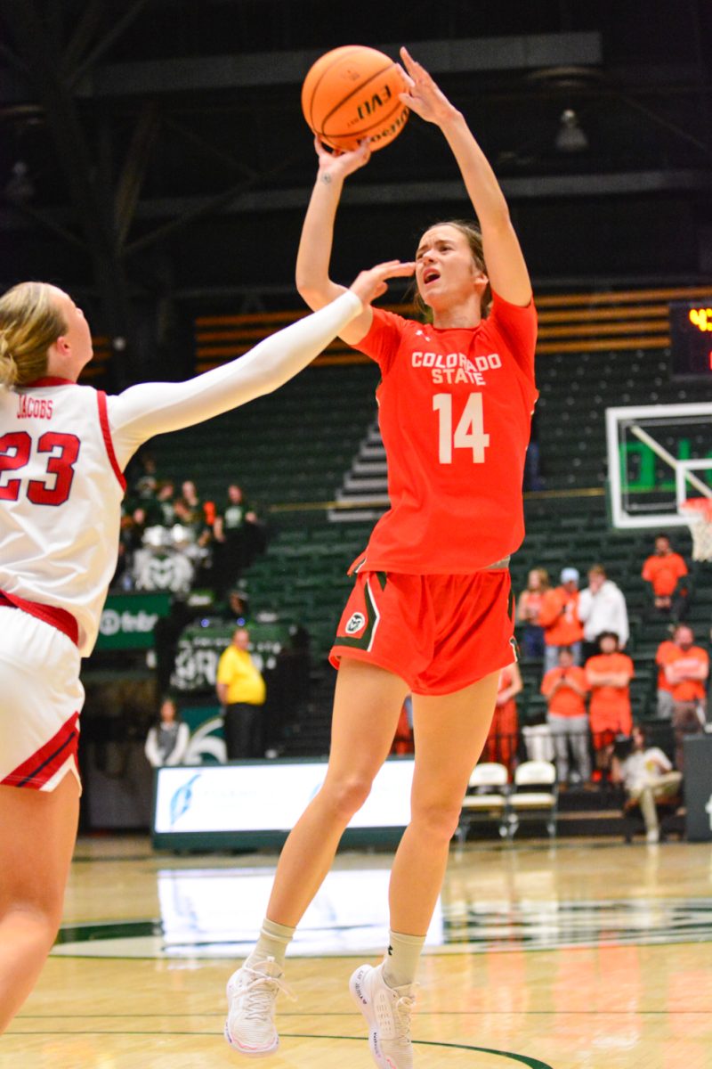 Marta Leimane jumping for a shot against the Fresno State Bulldogs Feb. 19. Marta and her teammates defeated the bulldogs with a score of 68-48.