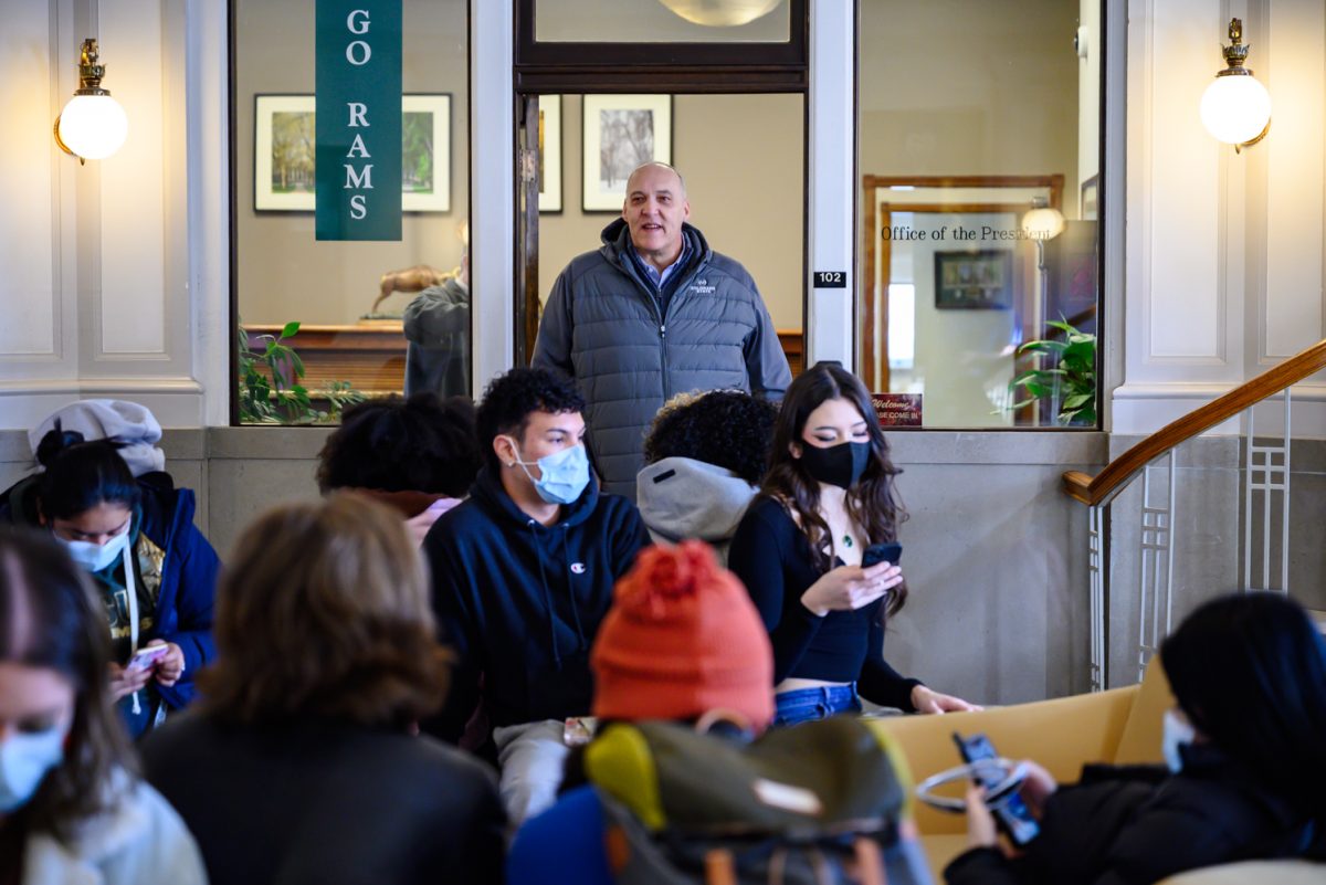 Assistant Vice President for Safety &amp; Risk Services and Chief Resilience Officer Marc Barker speaks to students gathered in the Colorado State University Administration Office during a sit-in Feb. 20. He came to give warnings about public space guidelines on campus. "We're not asking you all to leave today," he said. "We're going to allow you to sit in today, but we want to be clear that this is in violation of our university policy in determining a public forum. This building is not a public forum."