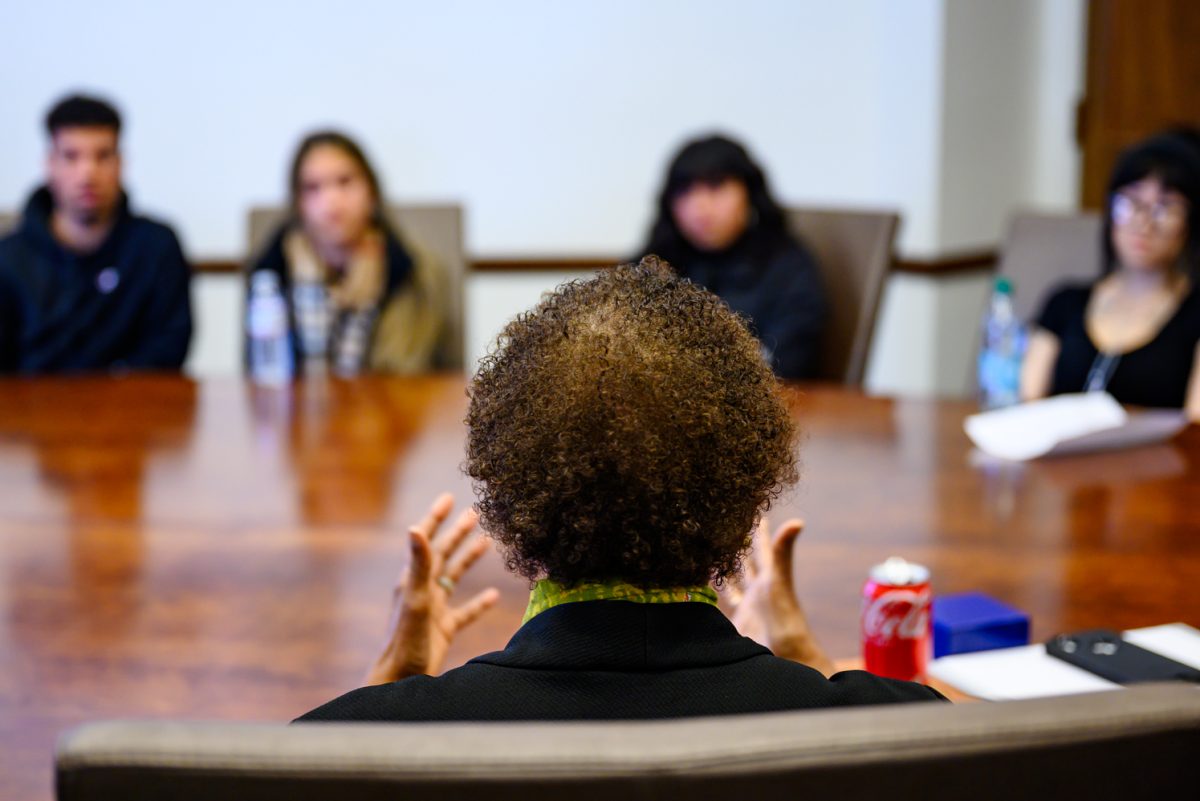 Vice President for Student Affairs Blanche Hughes addresses the students representing the People United during a meeting in the Administration Building Feb. 20. "If we work together and be smart and strategic, we cuold save this, and we could get past this," she said.