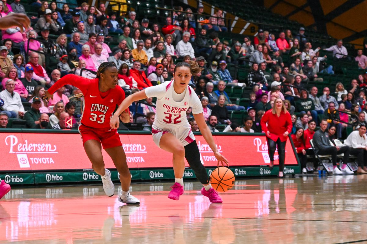 Hannah Simental (32) dribbles the ball during the Colorado State University vs. University of Nevada Las Vegas basketball game Feb. 22. CSU lost 69-65. 