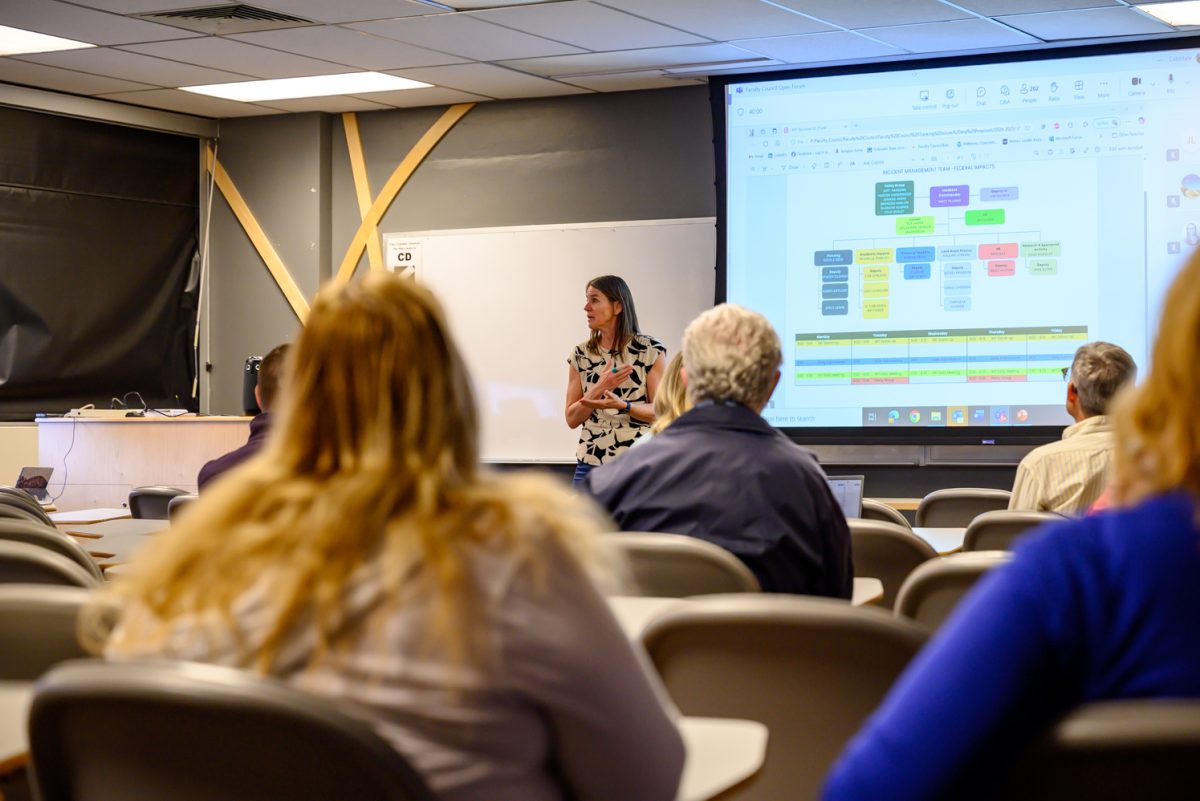 Melinda Smith, Chair of the Colorado State University Faculty Council, speaks to a collection of faculty council members in the Physiology Building Feb. 25. "We don't actually have an agenda or any particular things we were going to say," she said. "It's more about hearing from the community and allowing for conversation."