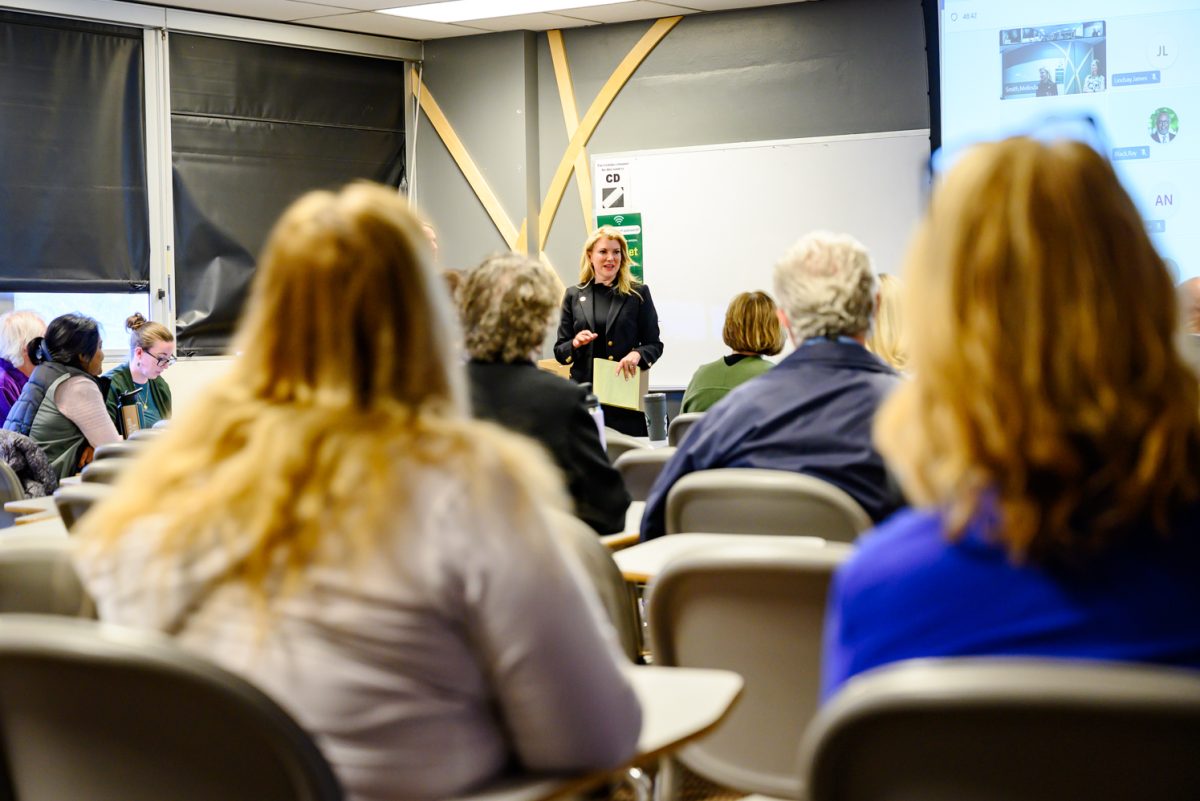 Colorado State University president Amy Parsons elaborates on her statements to the CSU community to the CSU Faculty Council in the Physiology Building Feb. 25. "Nothing dramatic has to happen," she said. "We're not on the deadlines that we thought we were. So--that's just to say--let's use this time that we have together to plan, to put our best ideas on the table and to work together as a team."