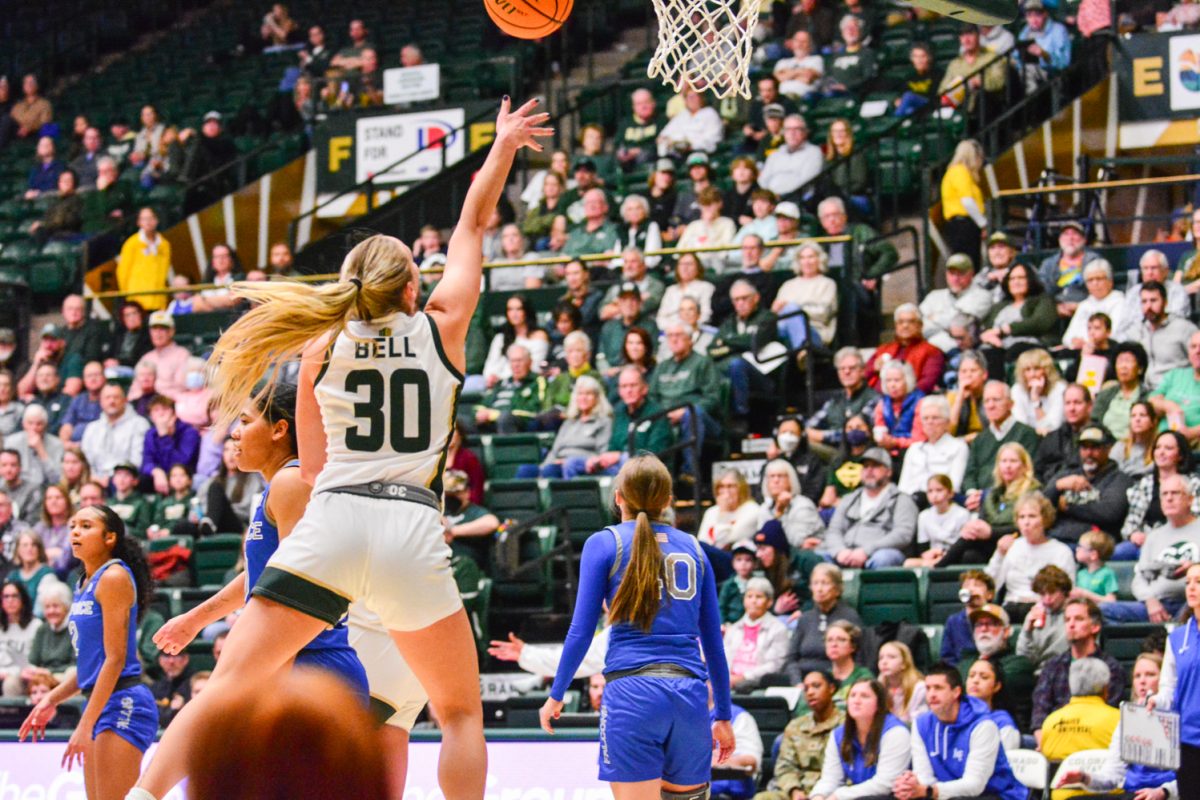 Hannah Ronsiek (#30) finishing her layup after the whistle Feb. 2. This game was against Air Force University, CSU dedicated this game for cancer awareness and our players had cancer survivor’s last names on their jerseys.