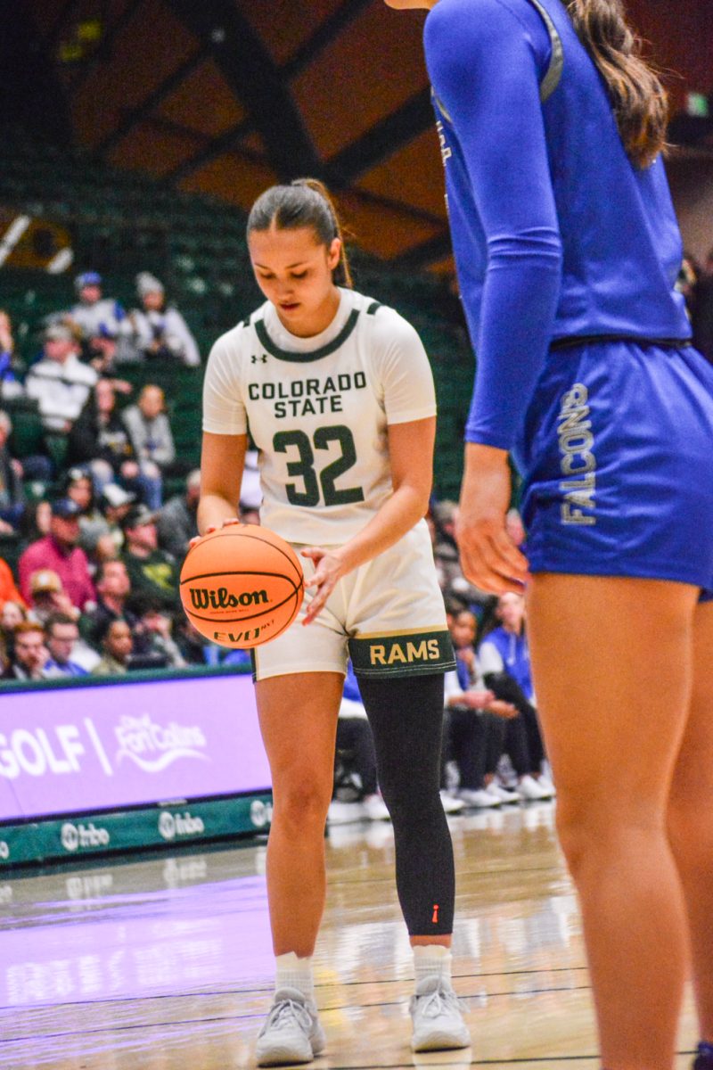 Hannah Simental (#32) shooting a free throw after being fouled against by an Air Force player Feb. 1. CSU dedicated this game to recognize cancer survivors and bring awareness.