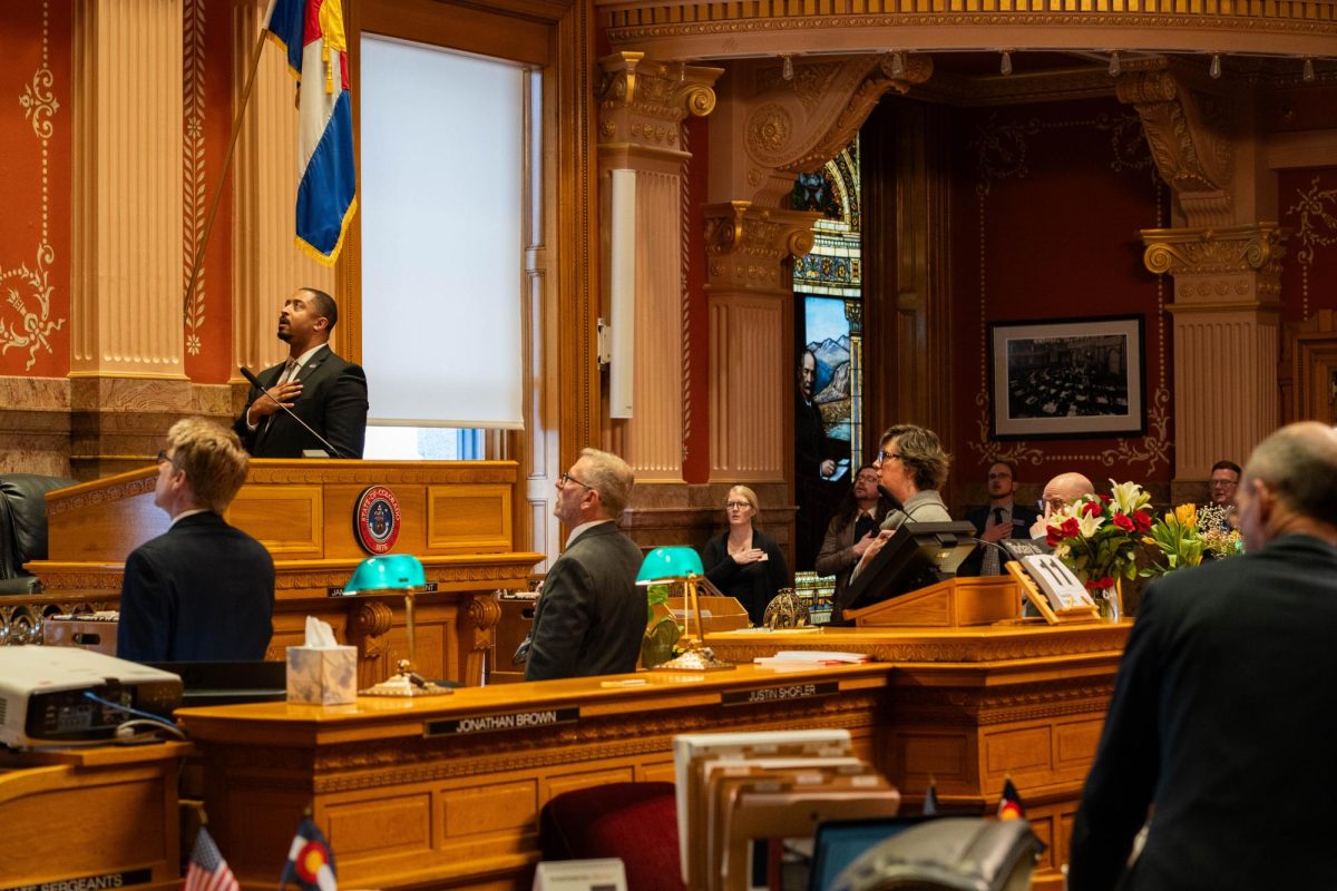 Members of the senate say the pledge of allegiance before the beginning of the Feb. 11 legislative session. Feb. 11 was celebrated at the Colorado Capitol as CSU Founder's Day. 