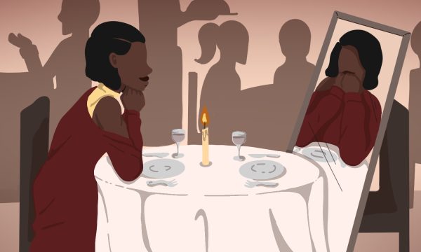 Illustration of a woman sitting at a candlelit dinner facing a mirror with her reflection in it.