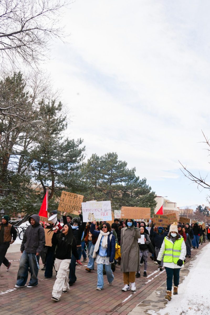 Protestors walk towards the Oval at CSU, holding signs and flags, chanting.