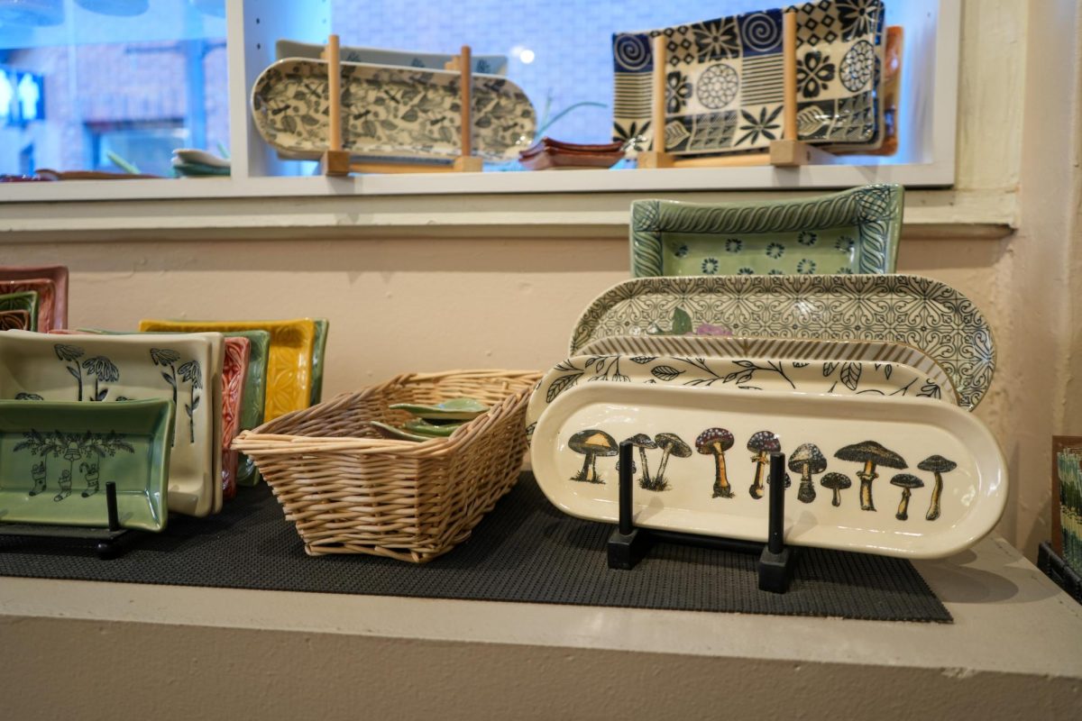 Painted plates on display.