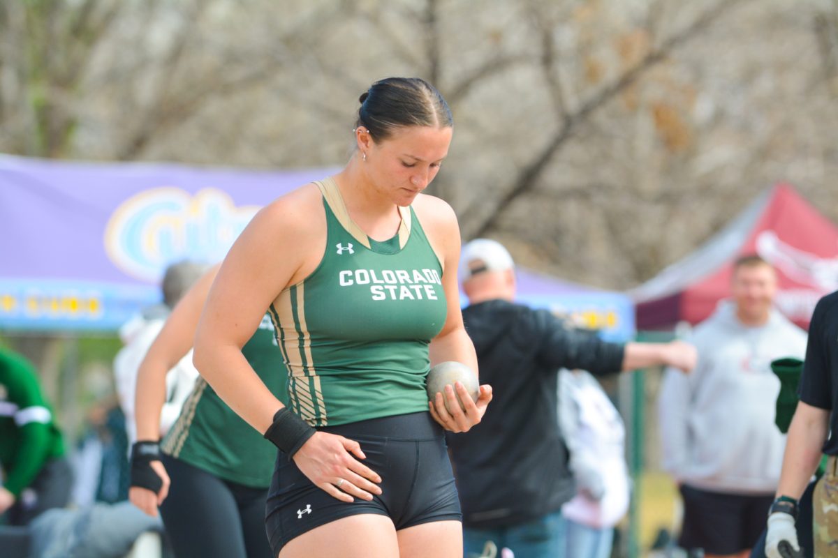 Erin Brown getting ready to compete in shotput March 29. This event was the Jack Christiansen Memorial and High School invitational.