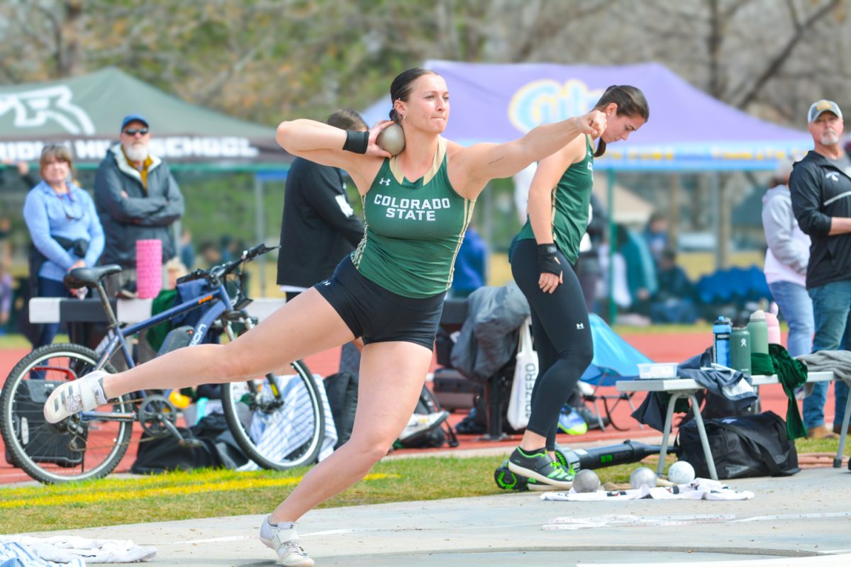 Erin Brown competing in shotput during the Jack Christiansen Memorial event March 29. She scored a 13.37m on the Jack Christiansen Memorial field.
