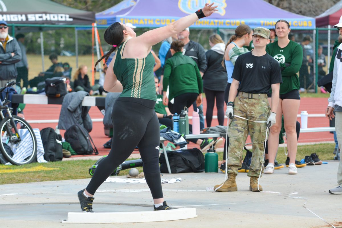 A colorado state athlete performs her throwing event March 29. These athletes competed at the Jack Christiansen Memorial college and high school invitational.