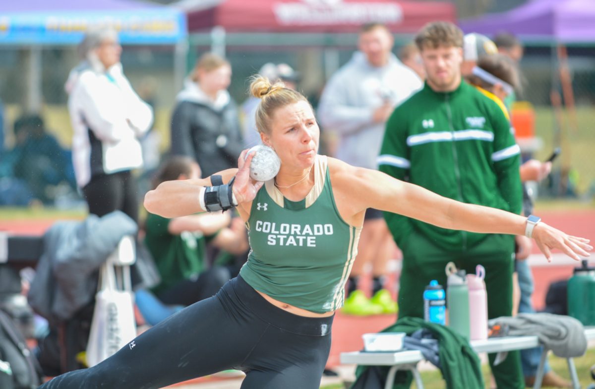 A Colorado State athlete throws shotput as her event March 29. She performed her event at the Jack Christiansen Memorial field.
