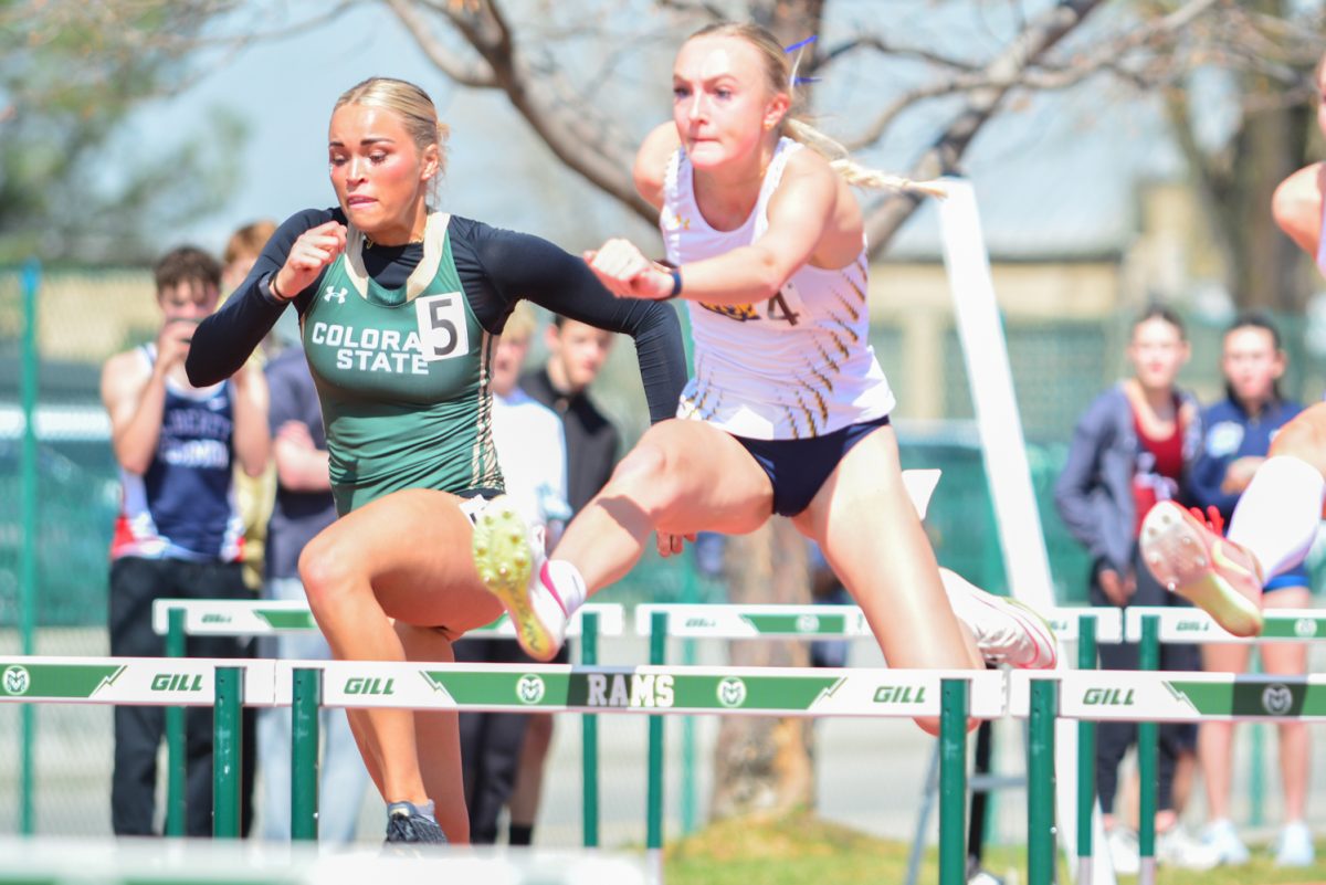 A Colorado State athlete performing her hurdle event March 29. She competed alongside her teammates at the Jack Christiansen Memorial event.