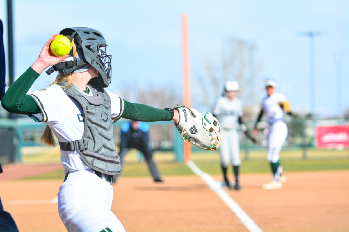 Brooke Bohlender throwing the ball back to the pitcher March 15. Brooke and her teammates played a good game against UNLV
