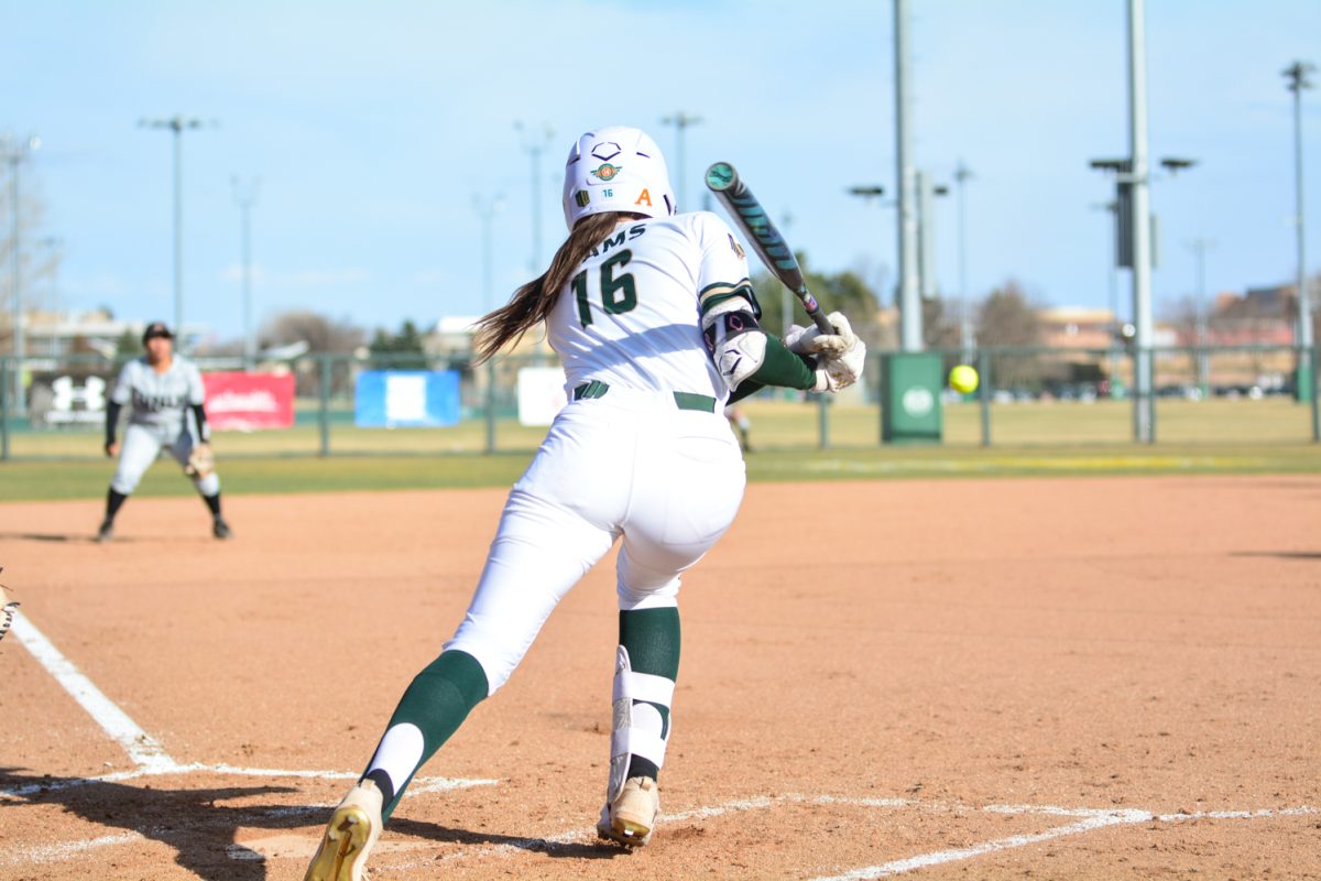 Lauren Stucky hitting the ball and making a run for it March 15. Lauren and her teammates played a good game against UNLV.