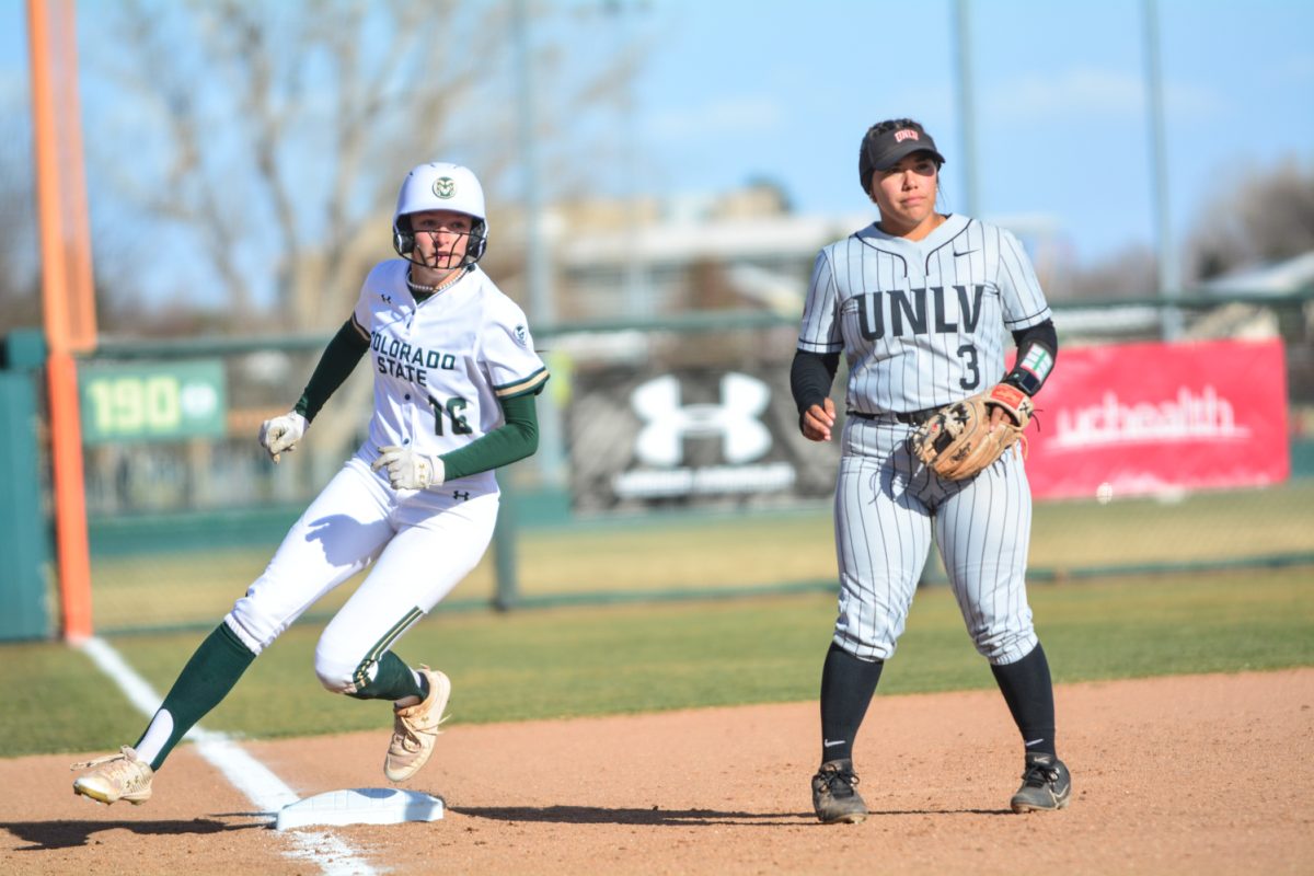 Lauren Stucky running into third base after a play in game against UNLV March 14. CSU won 9-5.