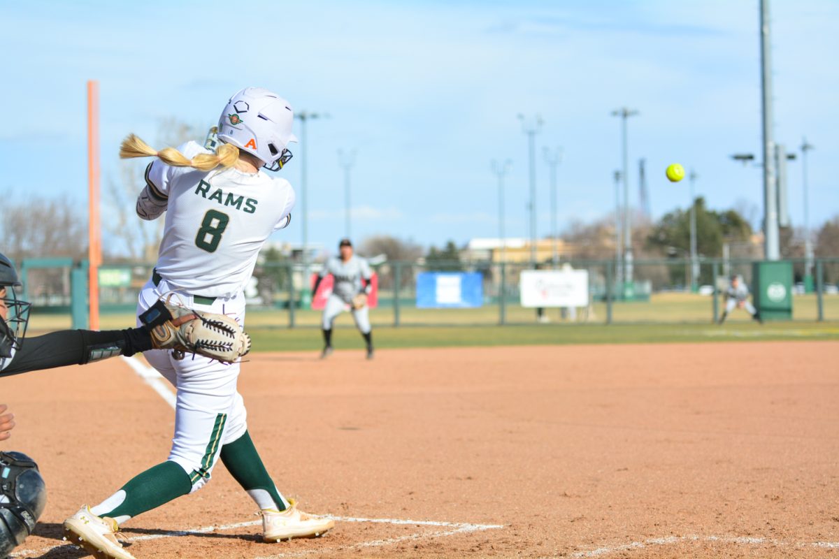 Brooke Bohlender after hiting the ball in game against UNLV March 14. CSU won 9-5. 