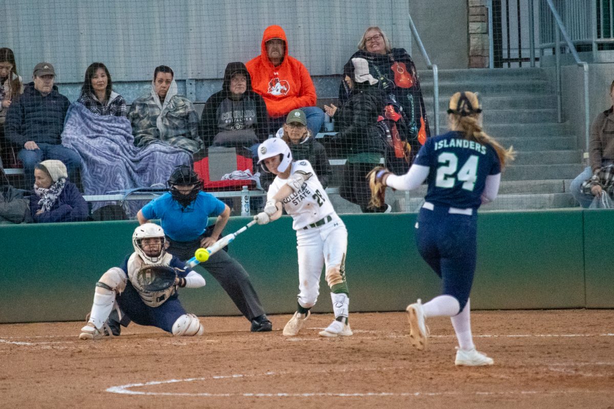 Kaylynn English (28) hits the ball during the Colorado State University softball game against Texas A&M University Corpus Christi March 1. 