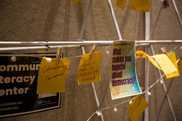 Yellow pieces of paper hang on a metal structure.