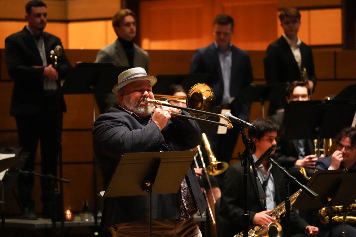 Michael Dease, a guest performer, plays with the Colorado State University Jazz Ensemble at their concert in Griffin Hall March 6.