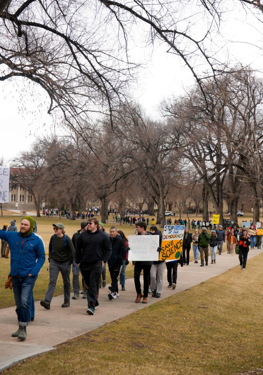 CSU students, faculty, and community members fill the sidewalks from end to end of the Oval as they march toward Old Town Square. 