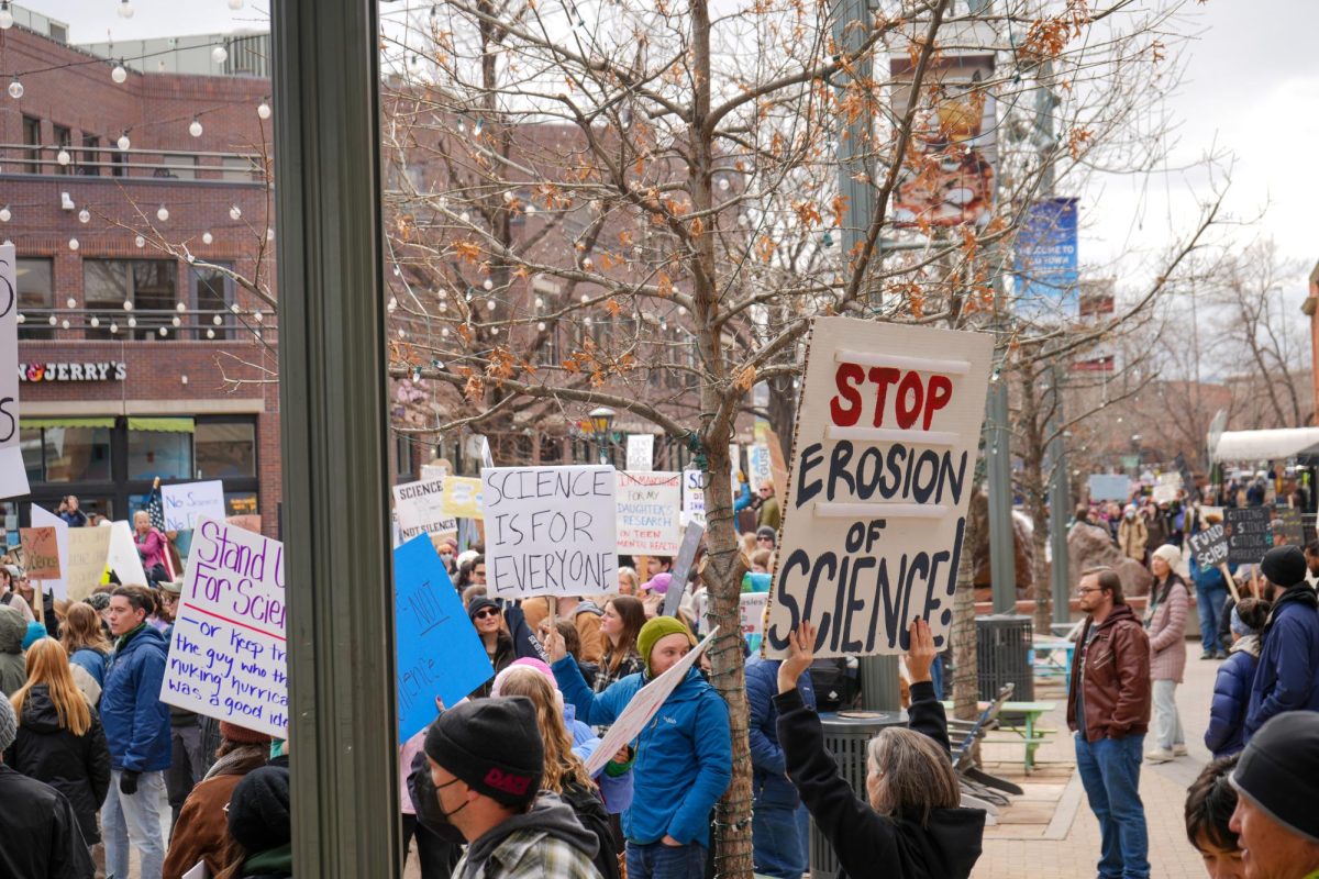 Protesters gather in Old Town Square to demonstrate for the nationwide movement "Stand up for Science" on March 7, 2025. 