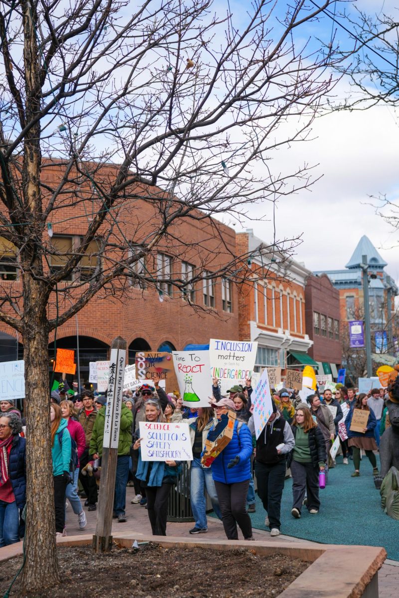 CSU students, faculty, and community march to gather in Old Town Square showing off homemade signs and chanting in unison. March 7, 2025. 