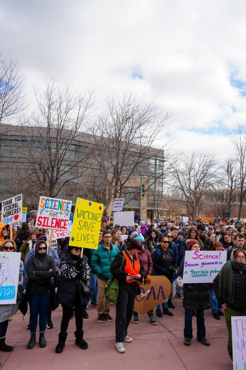 Protesters gather to listen to various student speakers before marching through town in support of the "Stand up for Science" movement. March 7 2025.  