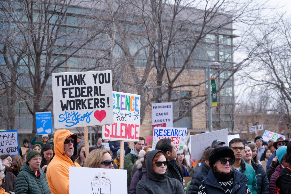 Colorado State University students and faculty and Fort Collins community members gather on the Lory Student Center Plaza, hearing opening statements for the Stand Up for Science protest March 7. Most signs referenced the threat of federal funding toward scientific research and the firing of federal workers in recent weeks. 
