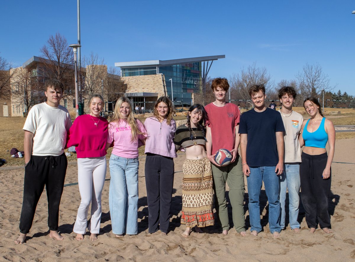 Mason Shimp, Ashley Lorraine, Ryann Laubscher, Phoebe Fauss, Lexi Strauss, Sam Kornelsen, Will Smith, and Saryah Judish come together to enjoy the warm weather and play volleyball outside the REC center. Lexi Strauss said "We're just partying at night and hanging out together during the day...we were playing spike ball earlier, and they're really good at that". Mar. 8.