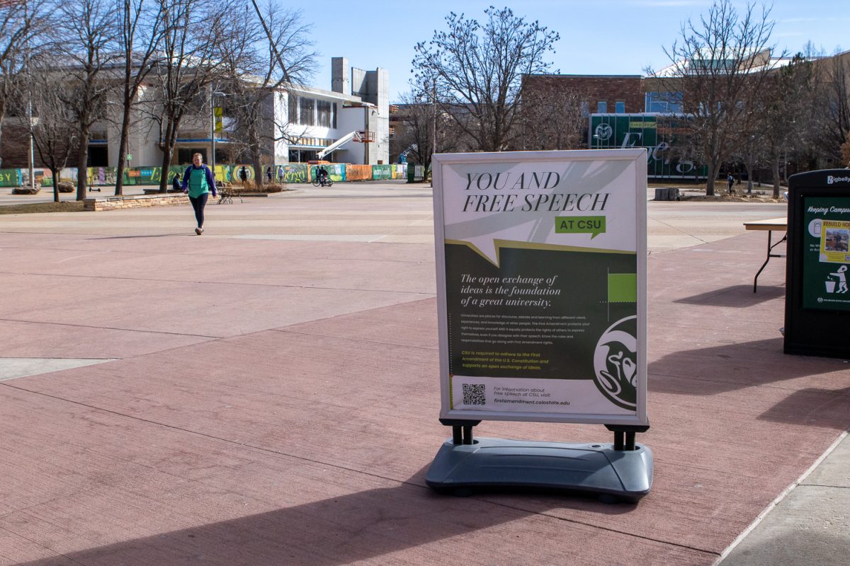 The Free Speech sign outside the Lory Student Center encourages students to table, put up signs, and share their opinion on the LSC plaza. Mar. 9.