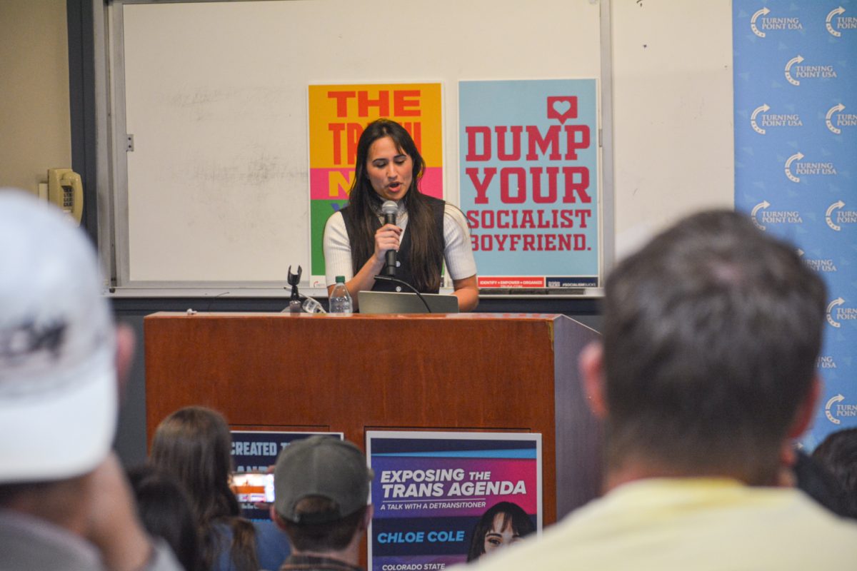 Chloe Cole during her speech about the anti-trans movement after being invited by Colorado State University to speak on this topic March 27. "They are threatening to commit suicide because they choose not to handle basic reality" Chloe Cole said "This is not the behavior of people who either are mentally healthy or have basic agency over themselves."