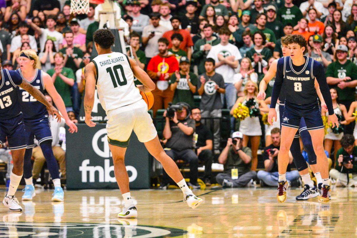 Nique CLifford dribbling the ball during a play March 1. Nique and his teammates defeated Utah State with a score of 93-66.