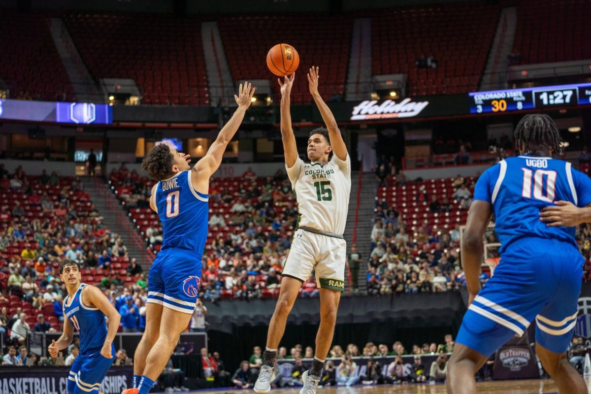 Jalen Lake (15) pulls up for a jumper in Colorado State University's resounding 69-56 MW finals victory over Boise State March 15.