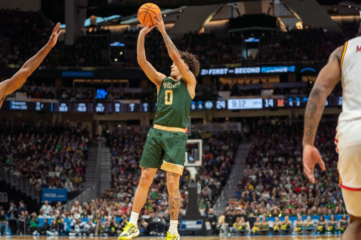 Guard Kyan Evans (0) attempts a shot during Colorado State University's game against the University of Maryland in Climate Pledge Arena in Seattle March 23. CSU lost 72-71.