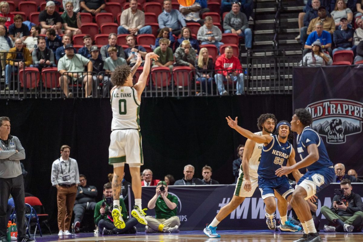 Kyan Evans (0) pulls up for a 3-pointer in Colorado State University's MW quarterfinals game against Nevada March 13. CSU won 67-59.