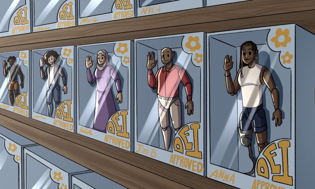 Image of cartoon people in plastic boxes labeled, "DEI Approved."