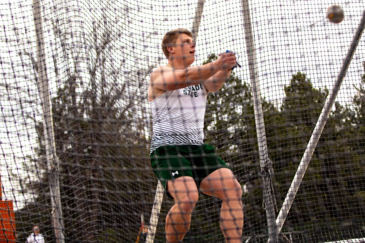 Kyle Bigley throws in the hammer event at the Jack Christensen Invitational track meet at Colorado State University in Fort Collins Colorado on March 29. Photo taken by Erica Pickering
