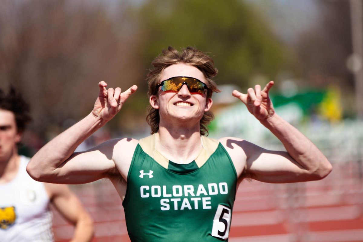 Jack Wetterling strikes a pose after runnings the 100 meter hurdles at the Jack Christiansen Invitational at Colorado State University in Fort Collins Colorado on March 29. Photo taken by Erica Pickering.