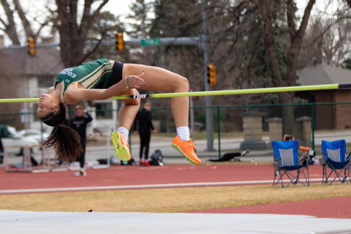 Anastasia Murphy jumps over the bar in the high jump event at the Jack Christiansen Invitational at Colorado State University in Fort Collins Colorado on March 29. Photo taken by Erica Pickering.