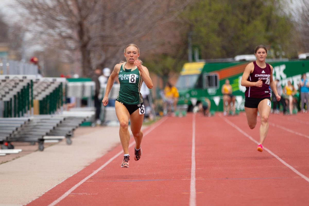 sprints in the 100 meter event at the Jack Christiansen Invitational at Colorado State University in Fort Collins Colorado on March 29. Photo taken by Erica Pickering.