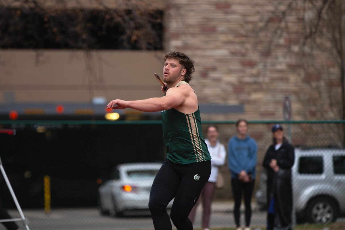 Cameron Kalaf throws during the javelin event  at the Jack Christiansen Invitational at Colorado State University in Fort Collins Colorado on March 29. Photo taken by Erica Pickering.