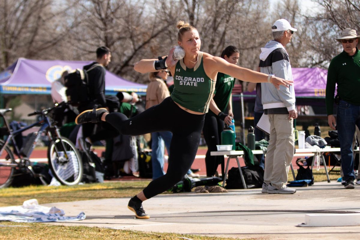 Kajsa Borrman throws shot put at the Jack Christiansen Invitational at Colorado State University in Fort Collins Colorado on March 29. Photo taken by Erica Pickering.