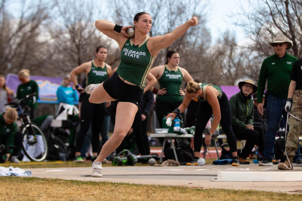 Erin Brown throws shot put at the Jack Christiansen Invitational at Colorado State University in Fort Collins Colorado on March 29. Photo taken by Erica Pickering.