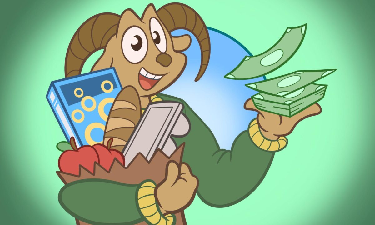 Image of a ram holding money.