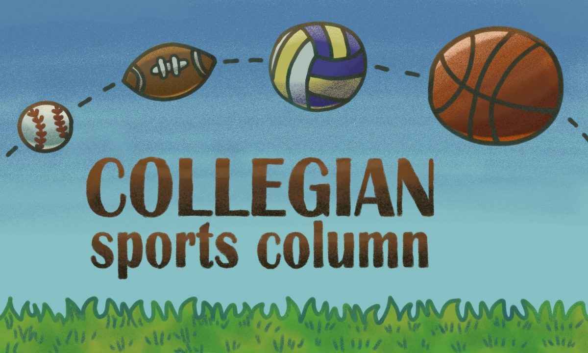 Image of a baseball, football, volleyball and basketball above the words, "Collegian Sports Column."