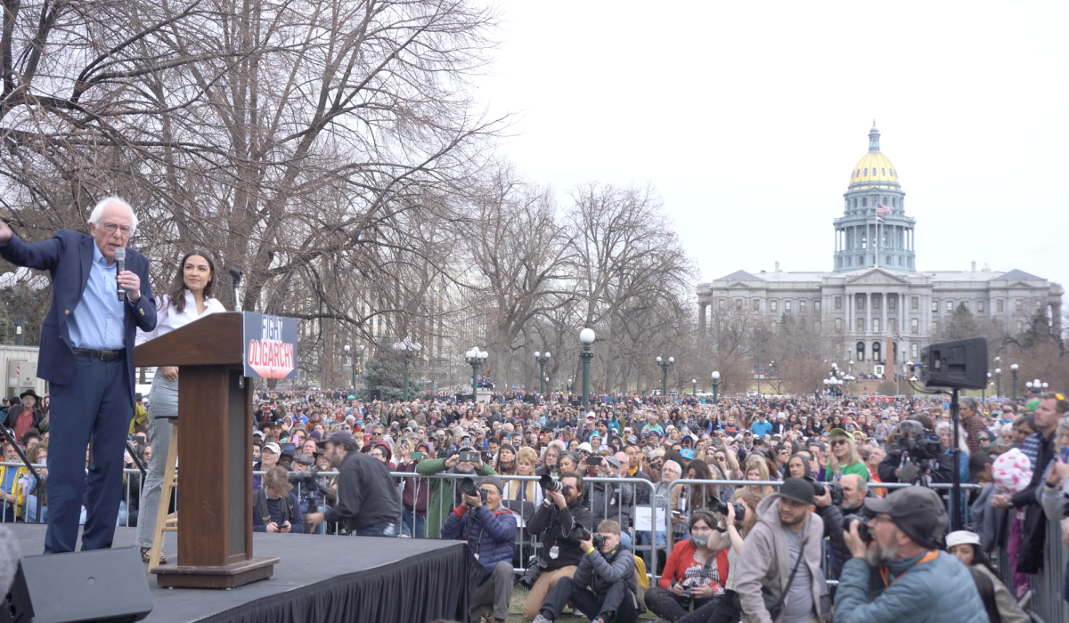 Sen. Bernie Sanders and Rep. Alexandria Ocasio-Cortez speak to a crowd of nearly 34,000 people at their "Fighting Oligarchy" rally at Civic Center Park in Denver March 21.