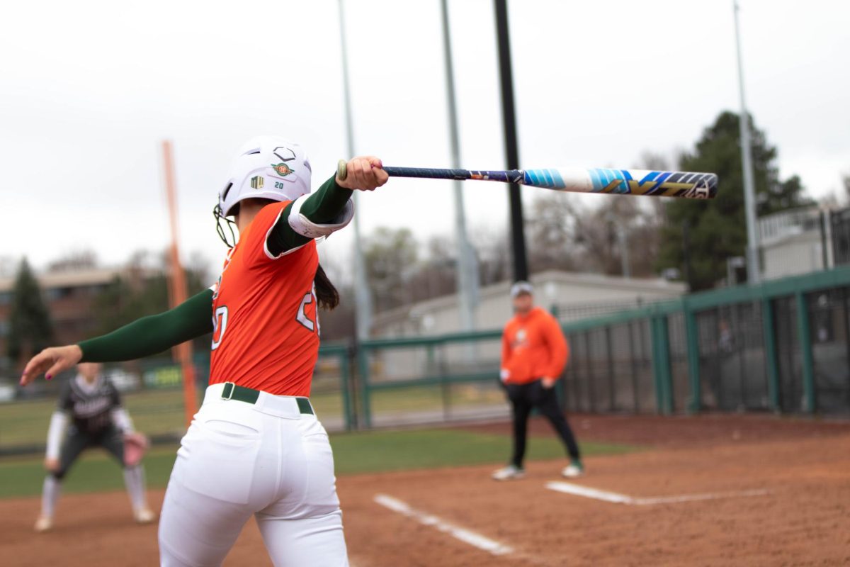 Jordan West hits the ball during game against University of Montana on March 30 at Rams Field in Fort Collins Colorado. Rams win 9-1 runs. Photo taken by Erica Pickering.