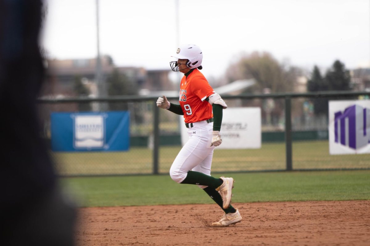 Catcher Carolina Buffaloe runs toward third base during game against University of Montana on March 30 at Rams Field in Fort Collins Colorado. Rams win 9-1 runs. Photo taken by Erica Pickering.